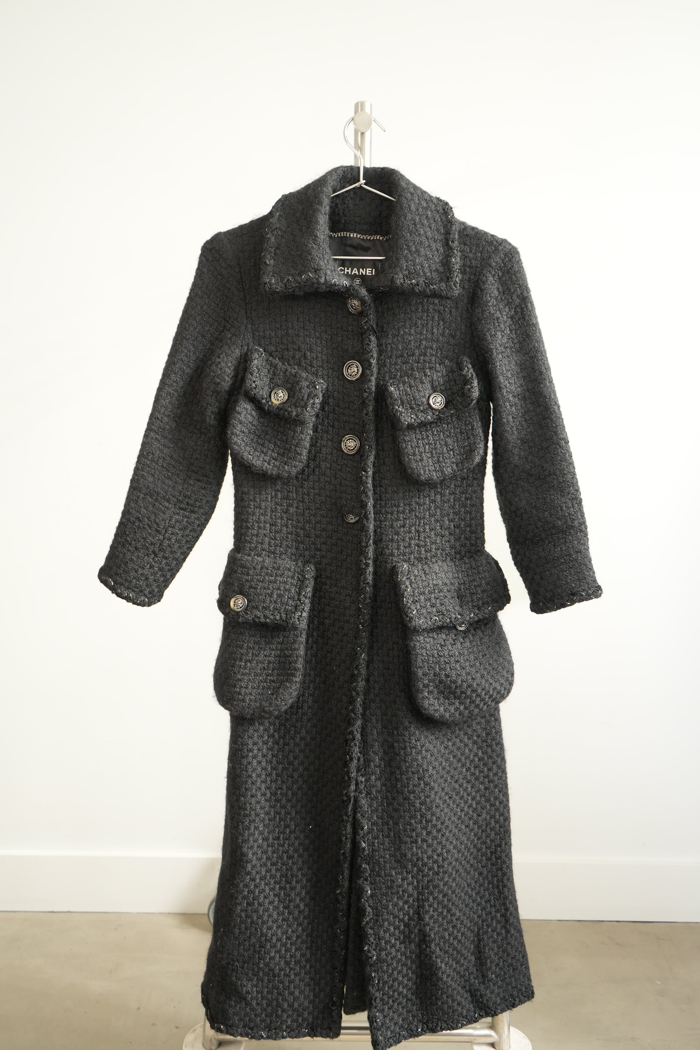 Chanel Long Tweed Button Front Coat Gray Size 34 Women's