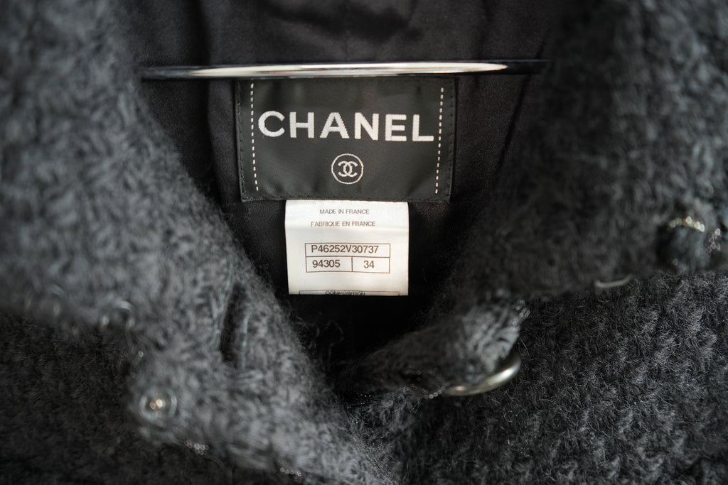 Chanel Long Tweed Button Front Coat Gray Size 34 Women's