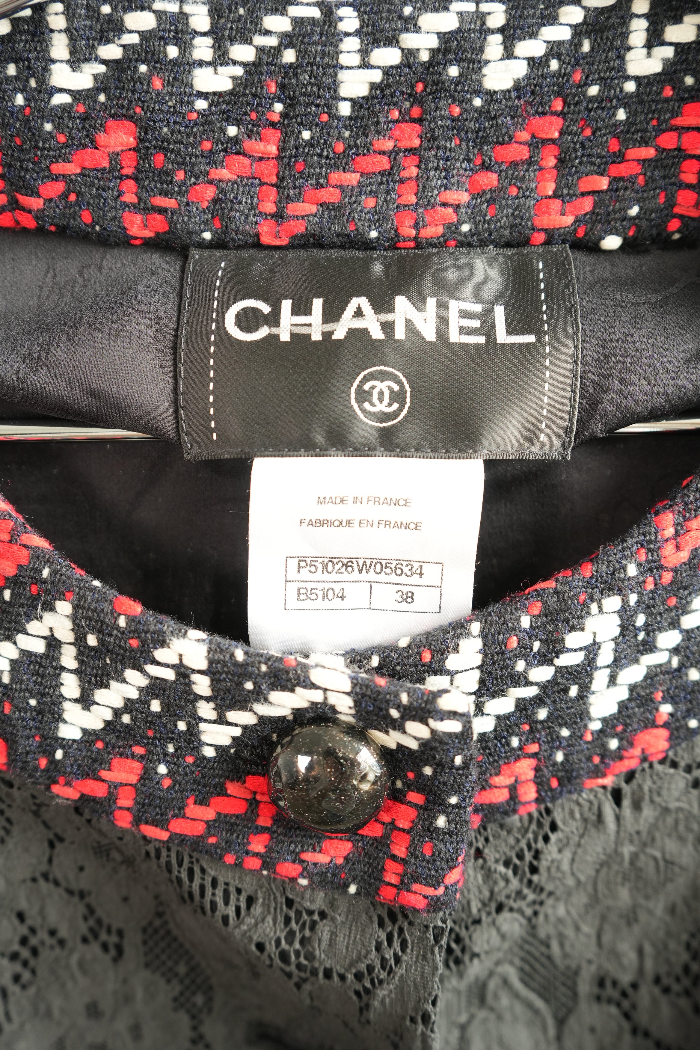 Chanel Zigzag Tweed Lace Panel Collarless Jacket Size 38