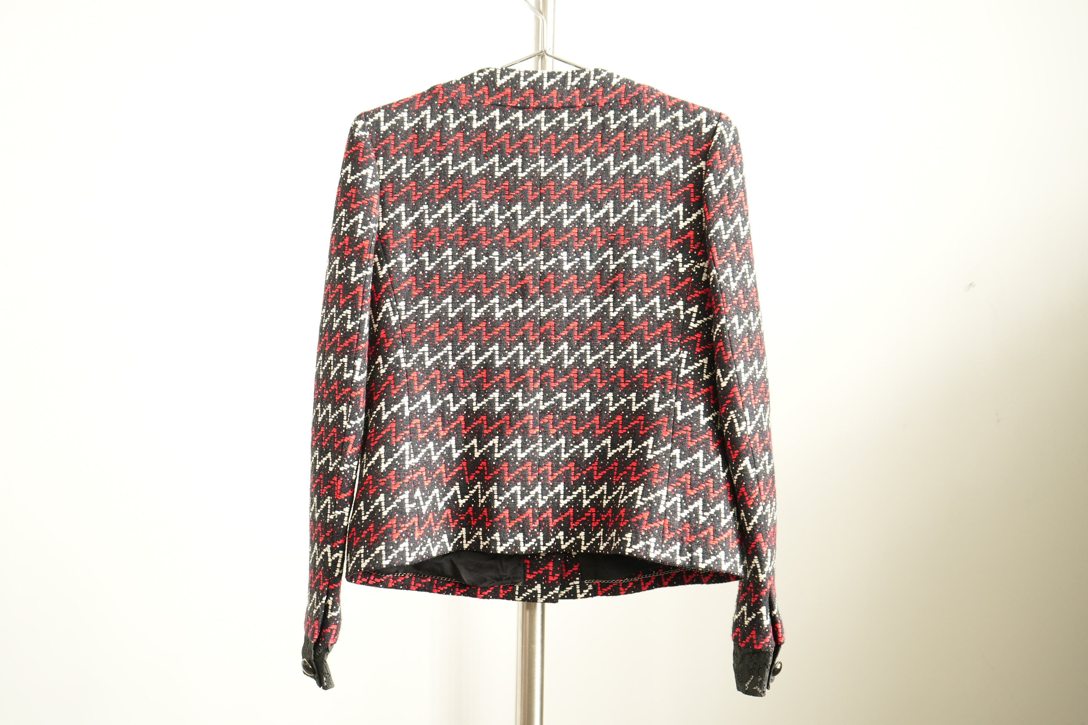 Chanel Zigzag Tweed Lace Panel Collarless Jacket Size 38