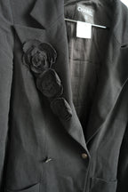 Vintage Chanel Black Wool Blend Camellia Flower Pin Blazer Jacket Size 36