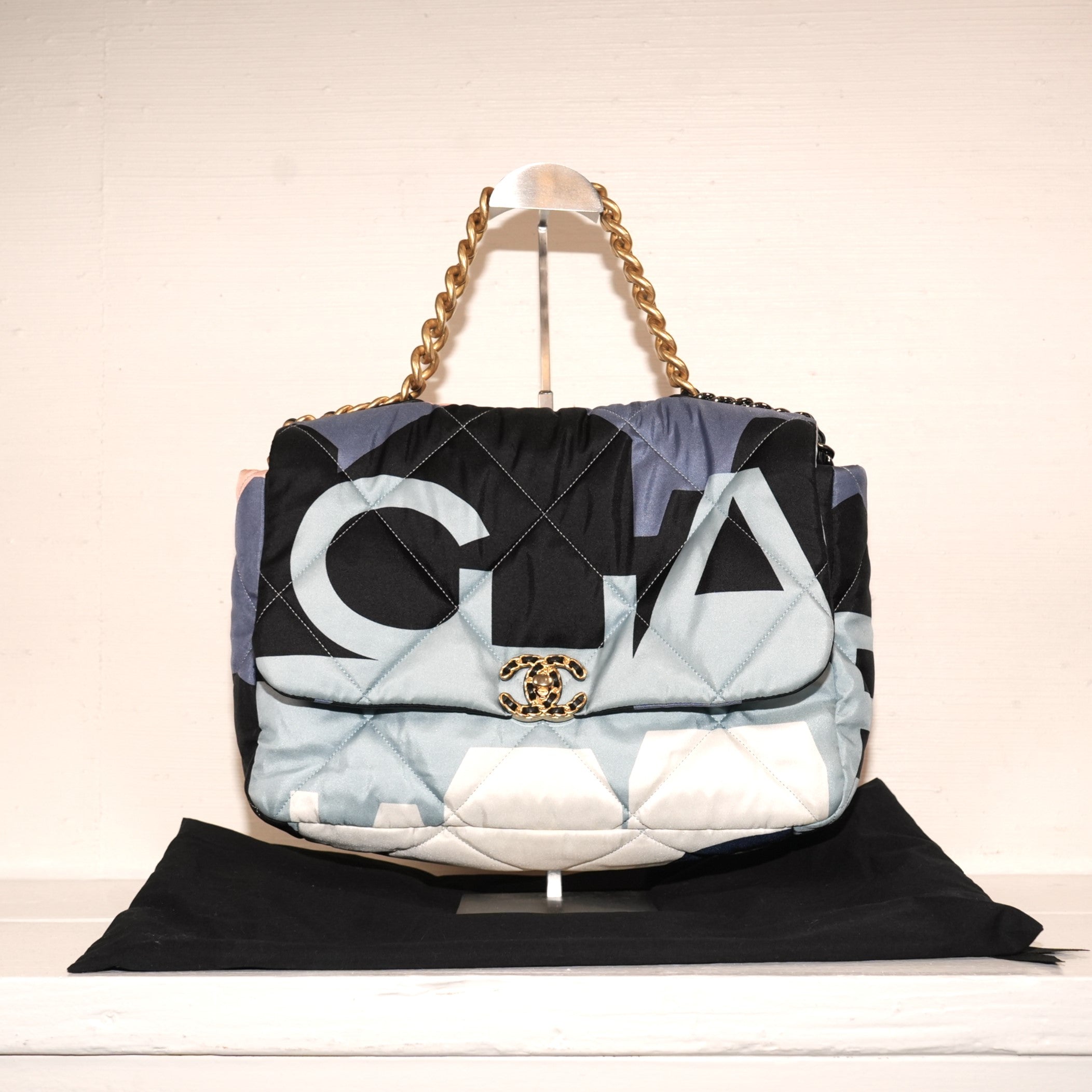 SF EXCLUSIVE: Chanel Maxi 19 Blue Black Silk Flap Bag W/ Dustbag