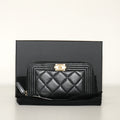 SF EXCLUSIVE: Chanel Boy Zip Around Long Wallet Black Quilted Leather Gold-Tone Hardware