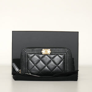 SF EXCLUSIVE: Chanel Boy Zip Around Long Wallet Black Quilted Leather Gold-Tone Hardware