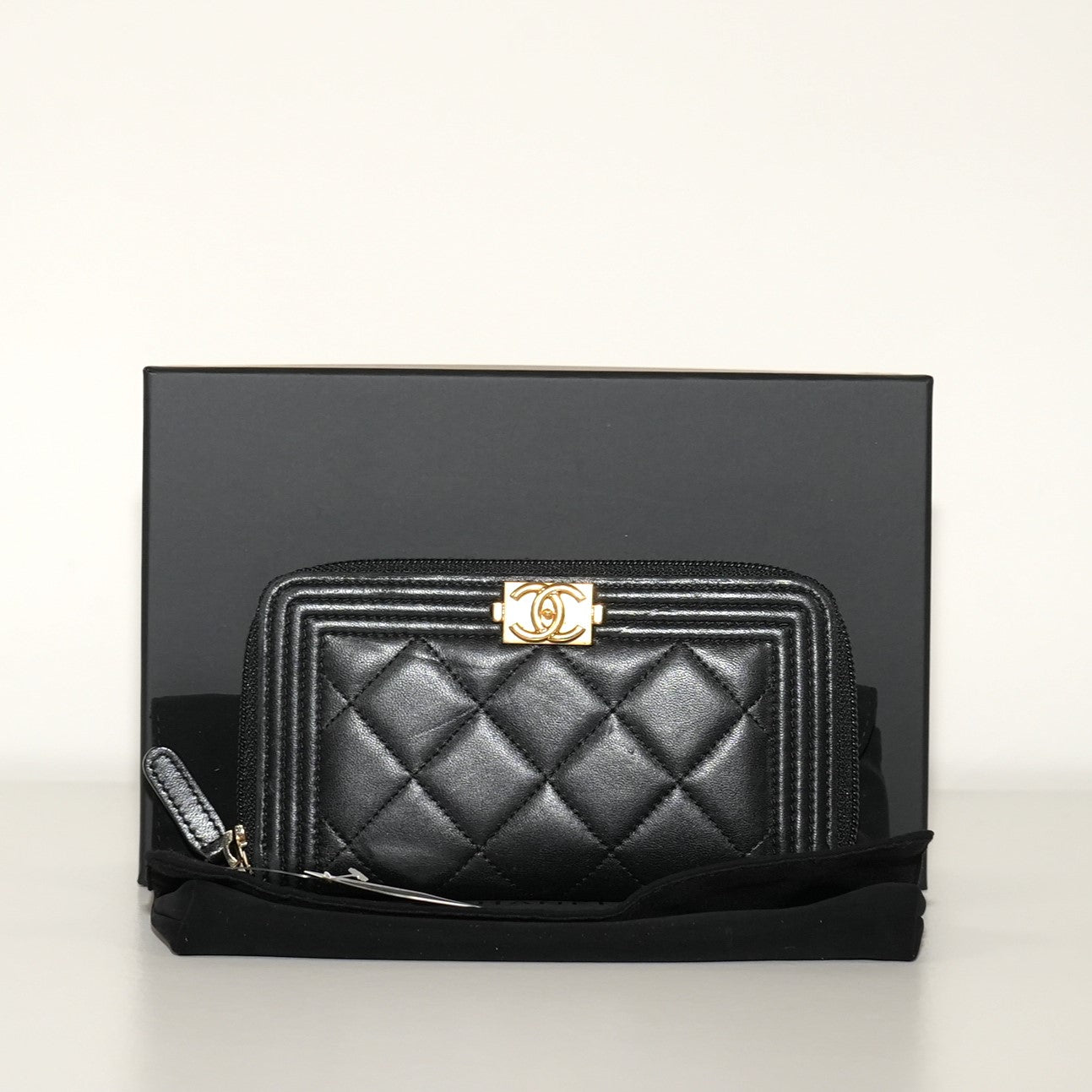 SF EXCLUSIVE: Chanel Boy Zip Around Long Wallet Black Quilted Leather Gold-Tone Hardware