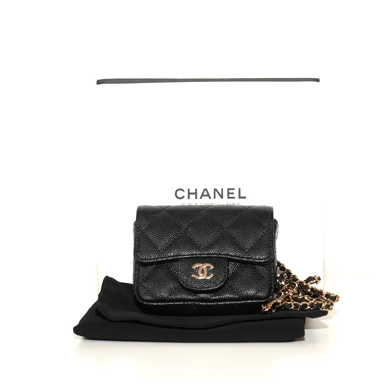SF EXCLUSIVE: Chanel Mini Chain Wallet Belt Bag Black Quilted Caviar Leather Silver-Tone CC Hardware
