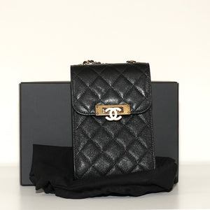 SF EXCLUSIVE: Chanel Quilted Caviar Phone Holder with Chain Black Gold-Tone CC Turnlock