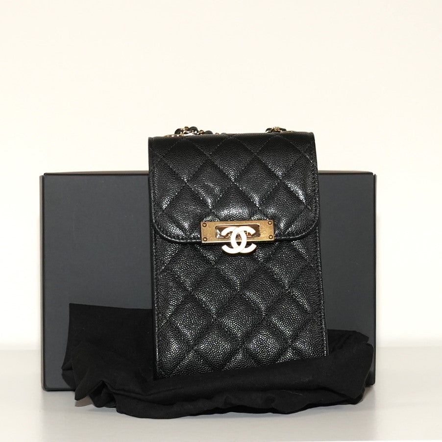 SF EXCLUSIVE: Chanel Quilted Caviar Phone Holder with Chain Black Gold-Tone CC Turnlock