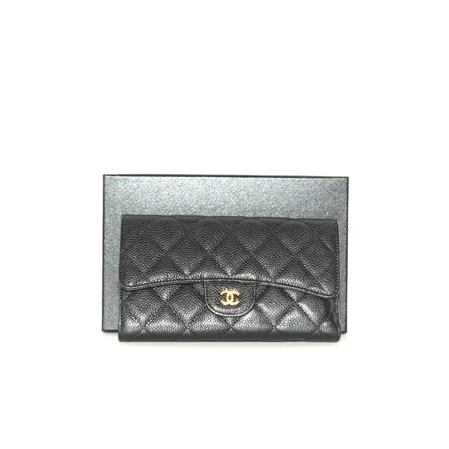 SF EXCLUSIVE: Chanel Classic Flap Long Wallet Black Quilted Caviar Leather Gold-Tone Hardware