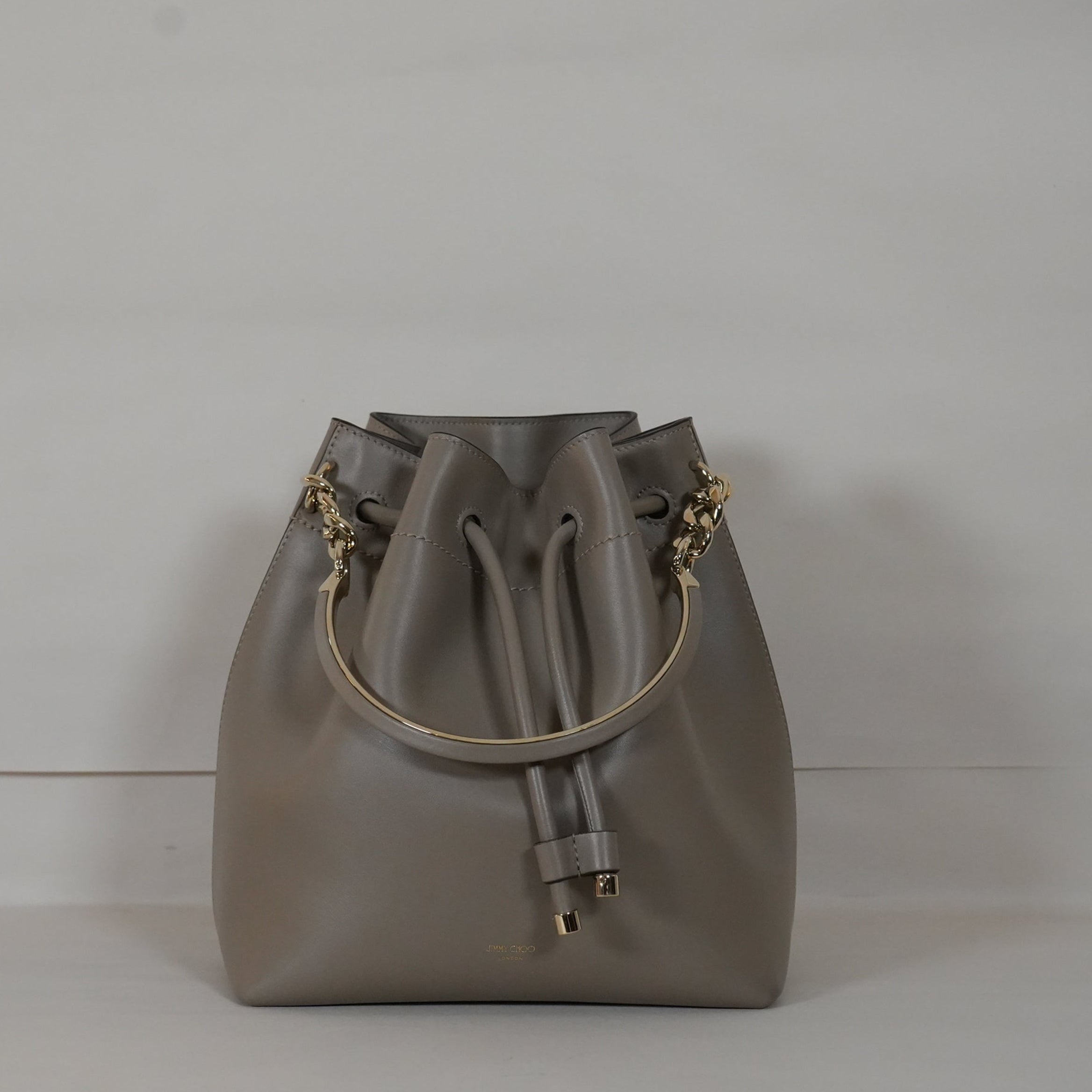 SF EXCLUSIVE: Jimmy Choo Bonbon Taupe Leather Bucket Bag