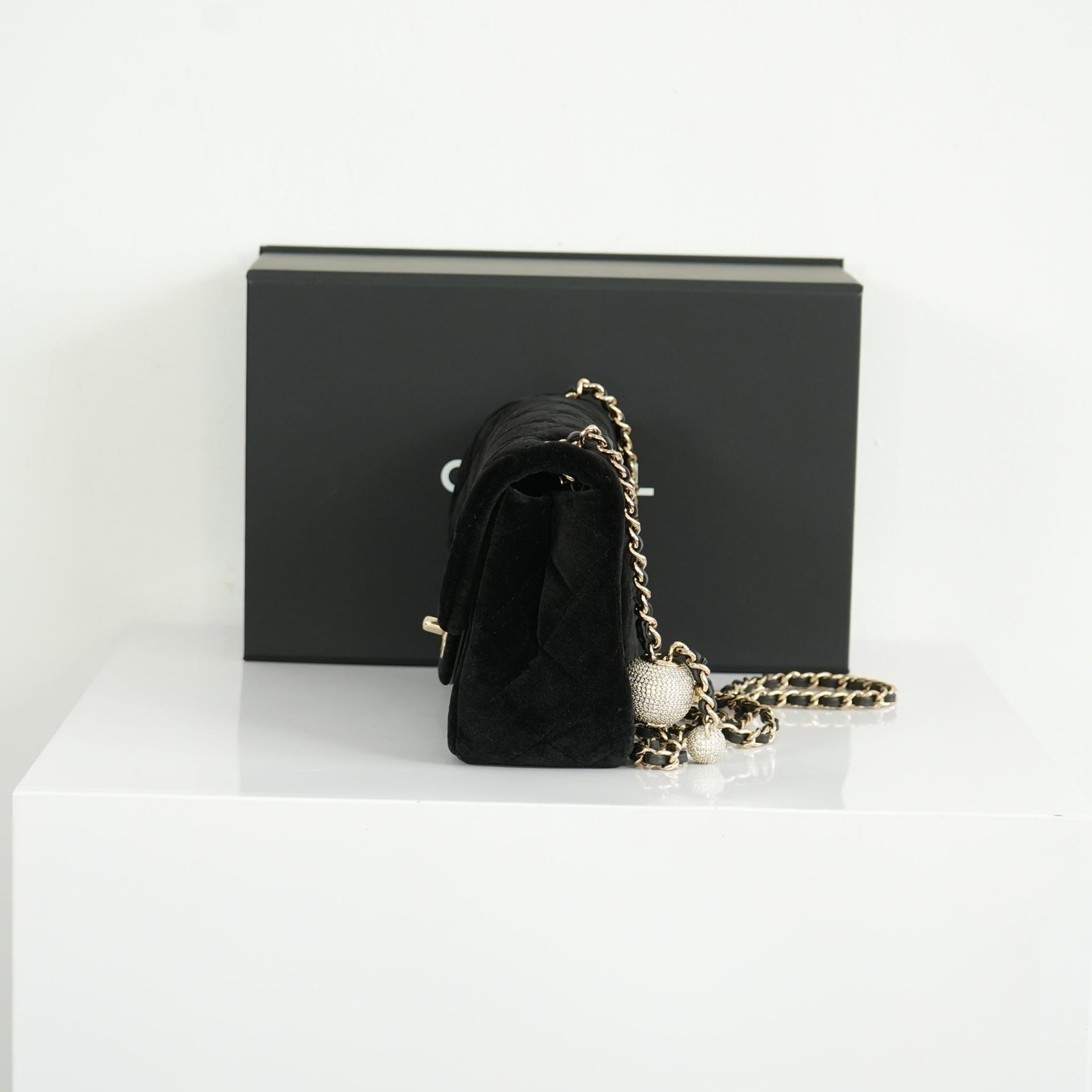 Chanel Black Velvet Pearl Crush Mini Flap Bag