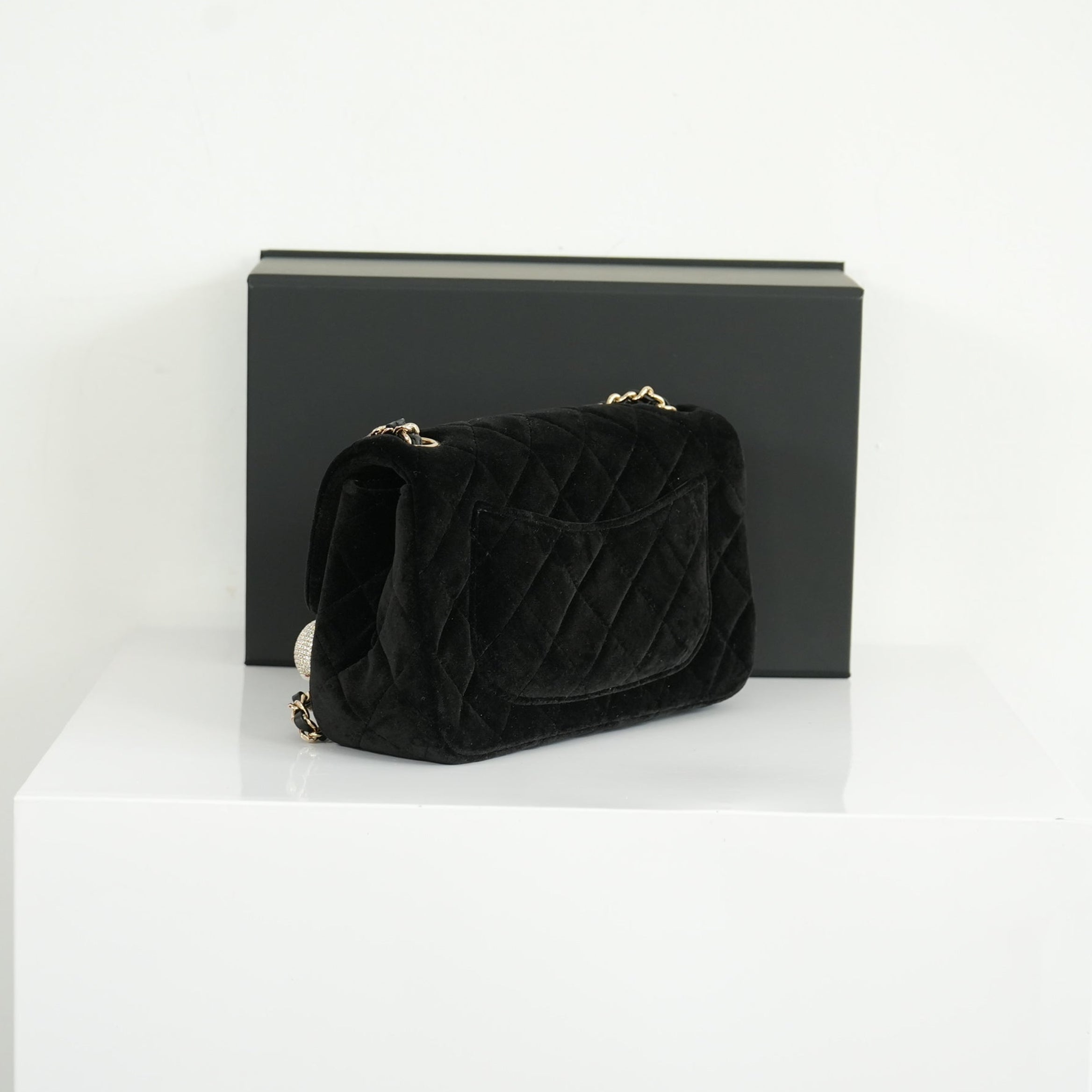 Chanel Black Velvet Pearl Crush Mini Flap Bag