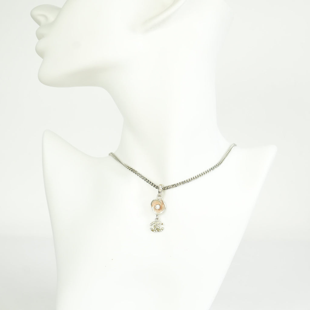 Chanel Vintage CC Logo and Camellia Motif Silver Chain Necklace