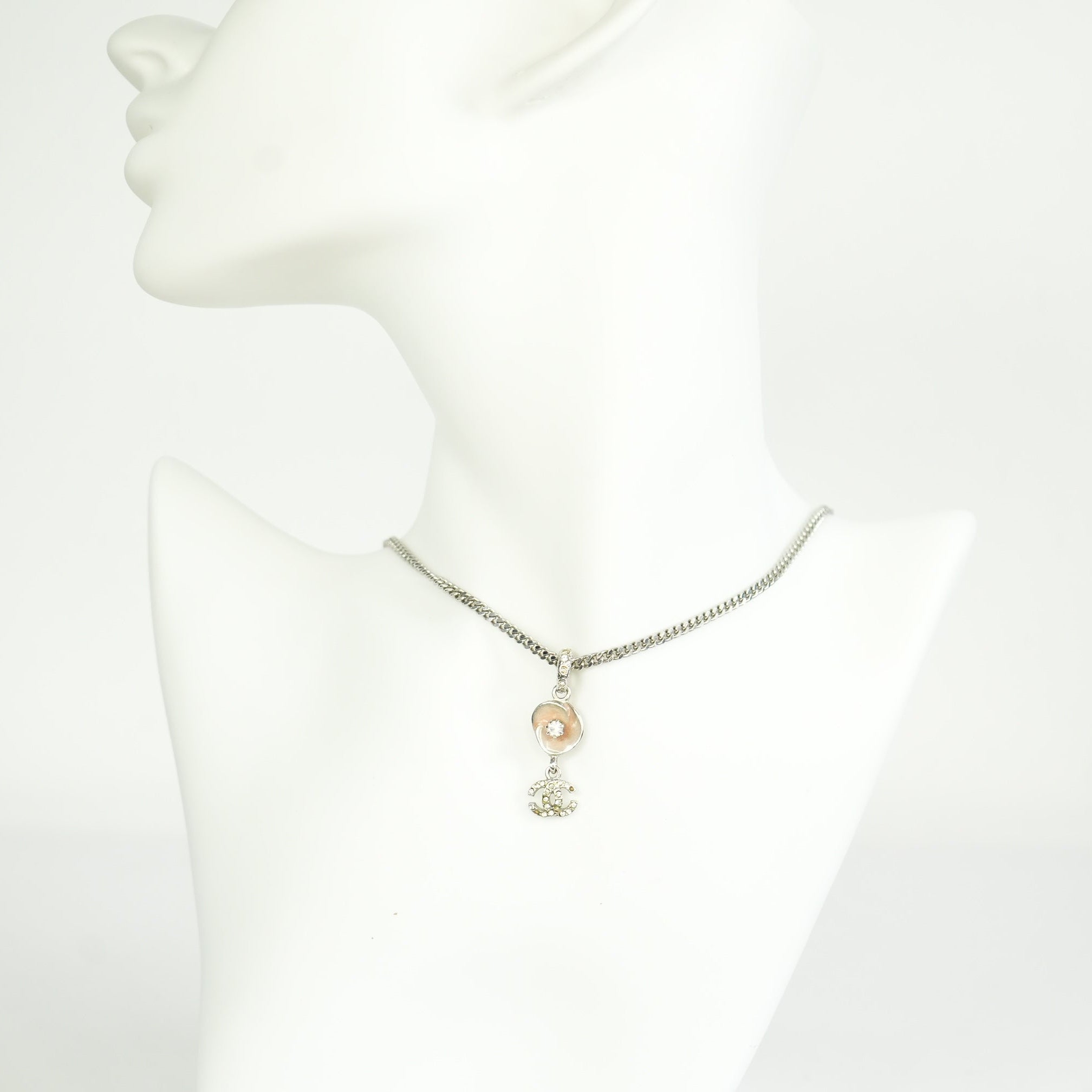 Chanel Vintage CC Logo and Camellia Motif Silver Chain Necklace