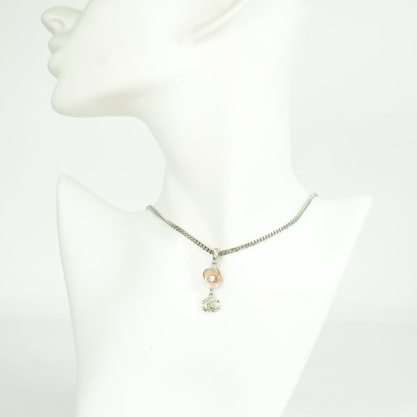 Chanel Vintage CC Logo and Camellia Motif Silver Chain Necklace