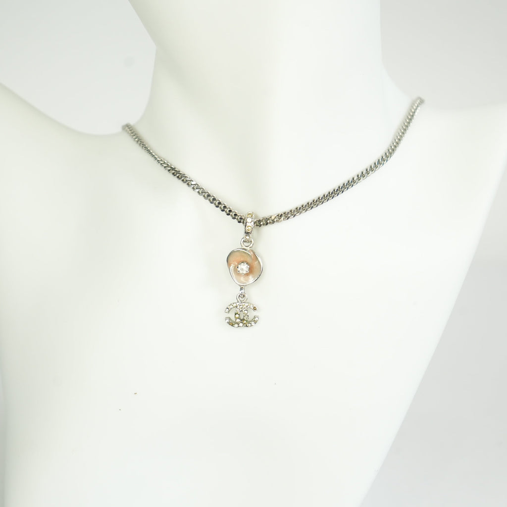 Chanel Vintage CC Logo and Camellia Motif Silver Chain Necklace