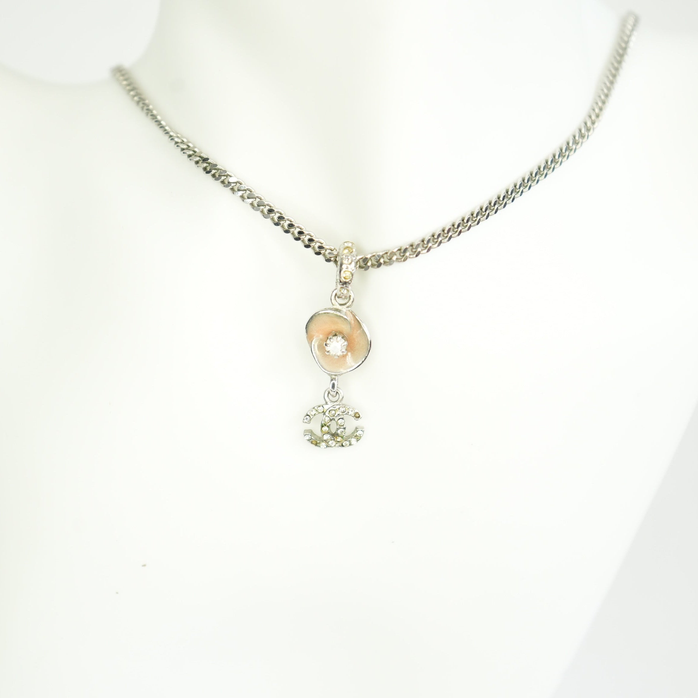Chanel Vintage CC Logo and Camellia Motif Silver Chain Necklace