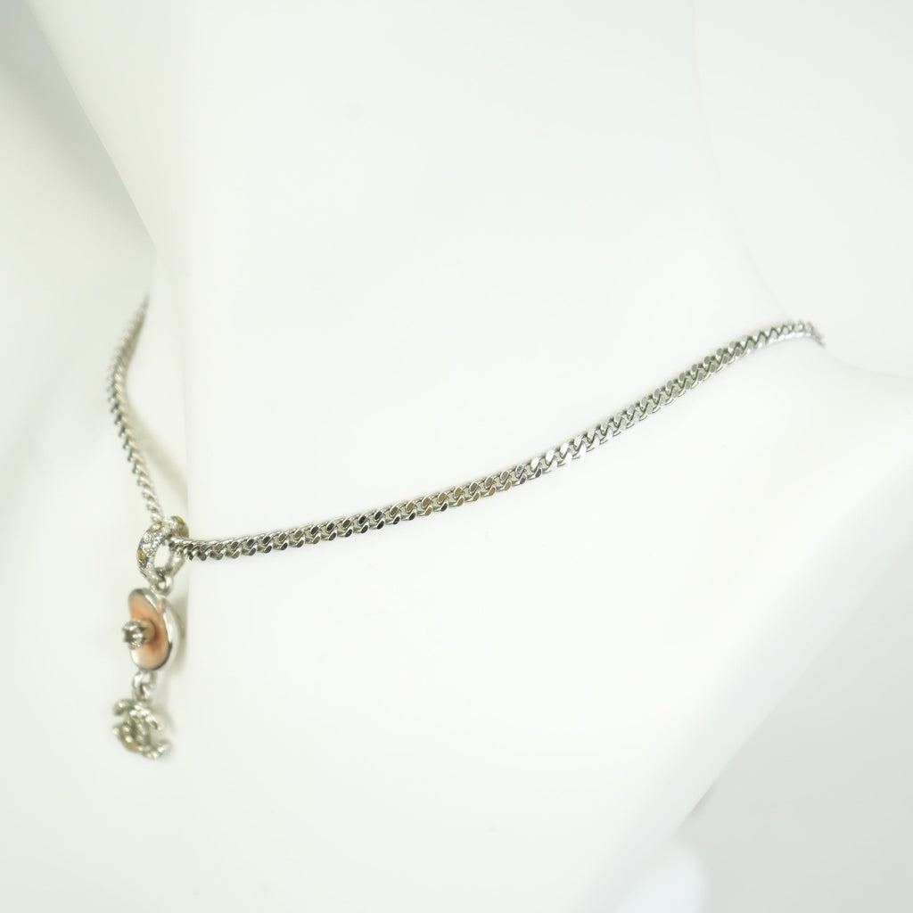 Chanel Vintage CC Logo and Camellia Motif Silver Chain Necklace