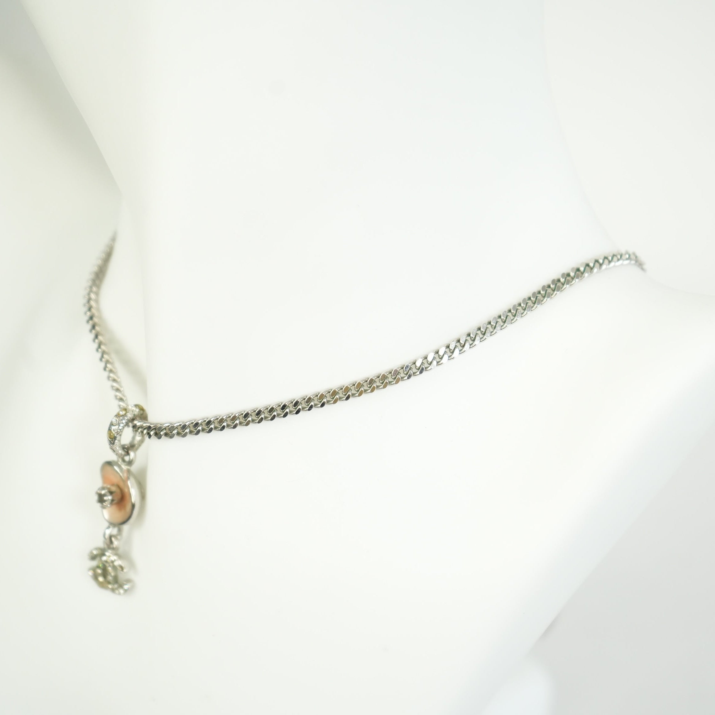 Chanel Vintage CC Logo and Camellia Motif Silver Chain Necklace