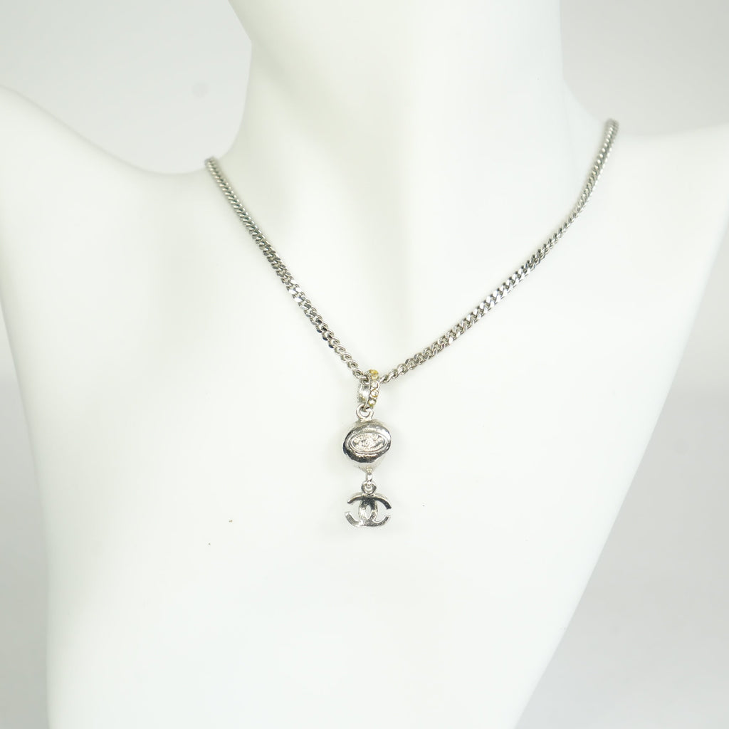 Chanel Vintage CC Logo and Camellia Motif Silver Chain Necklace