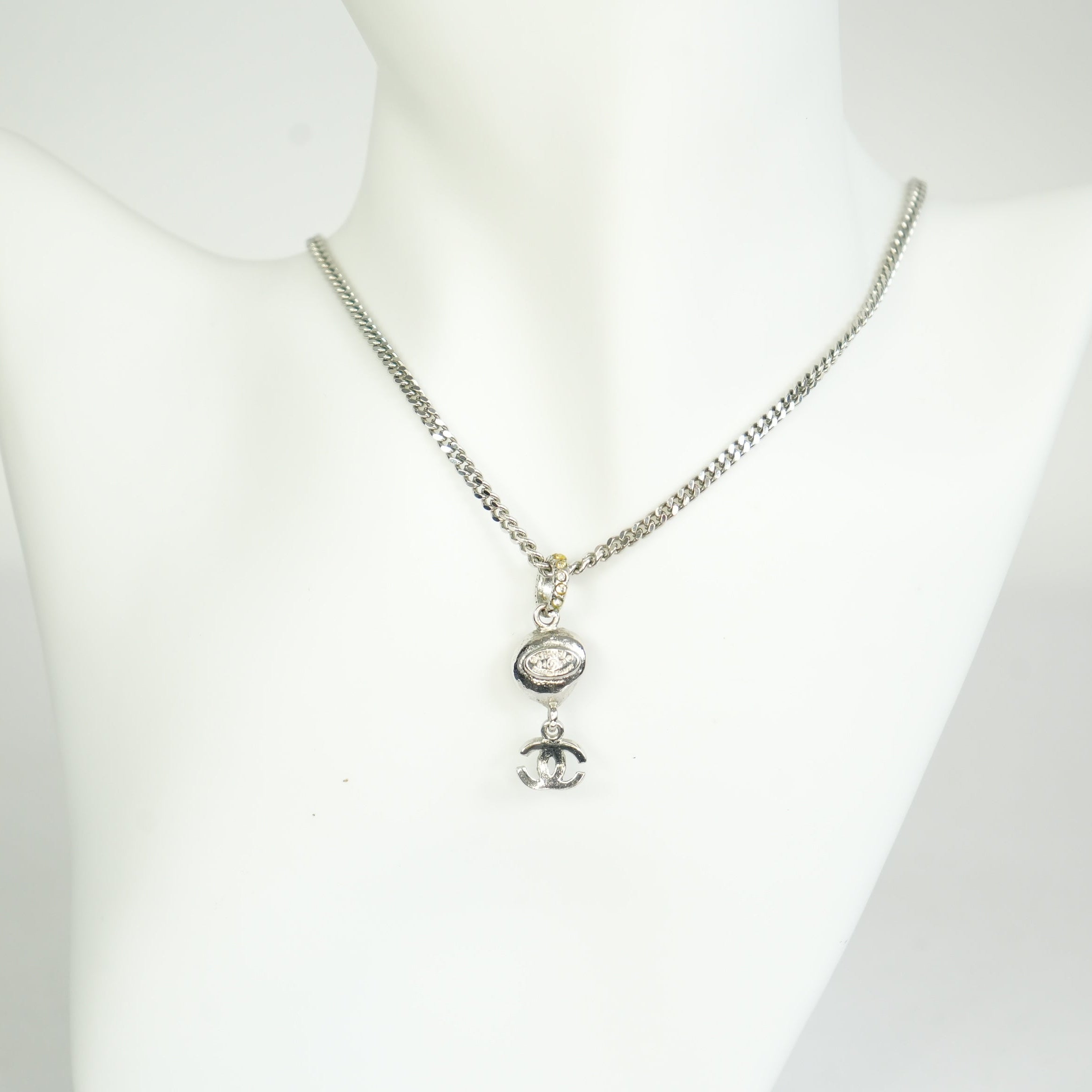 Chanel Vintage CC Logo and Camellia Motif Silver Chain Necklace