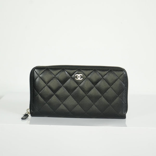 Chanel Black Caviar Quilted Large Gusset Zip Around Wallet