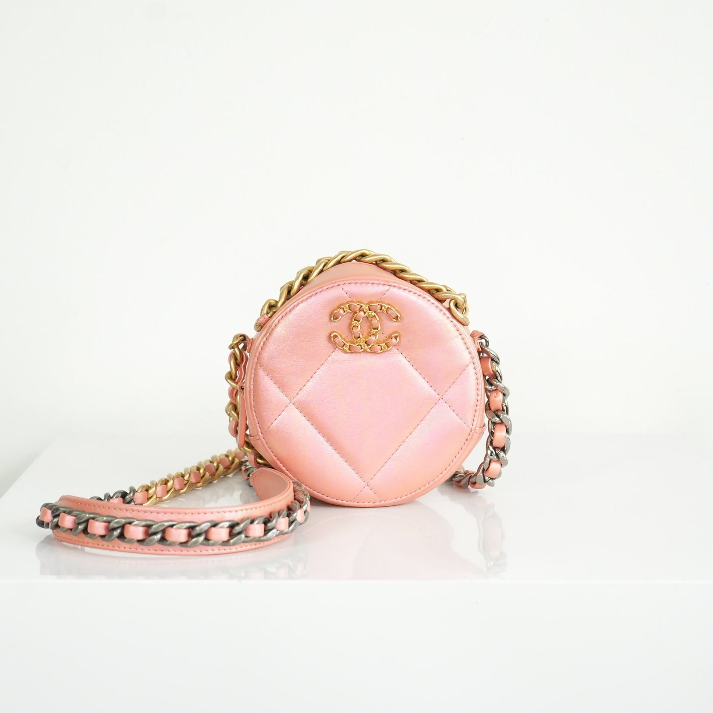 Chanel 19 Iridescent Color Skin Quilted Circle Bag FULL SET