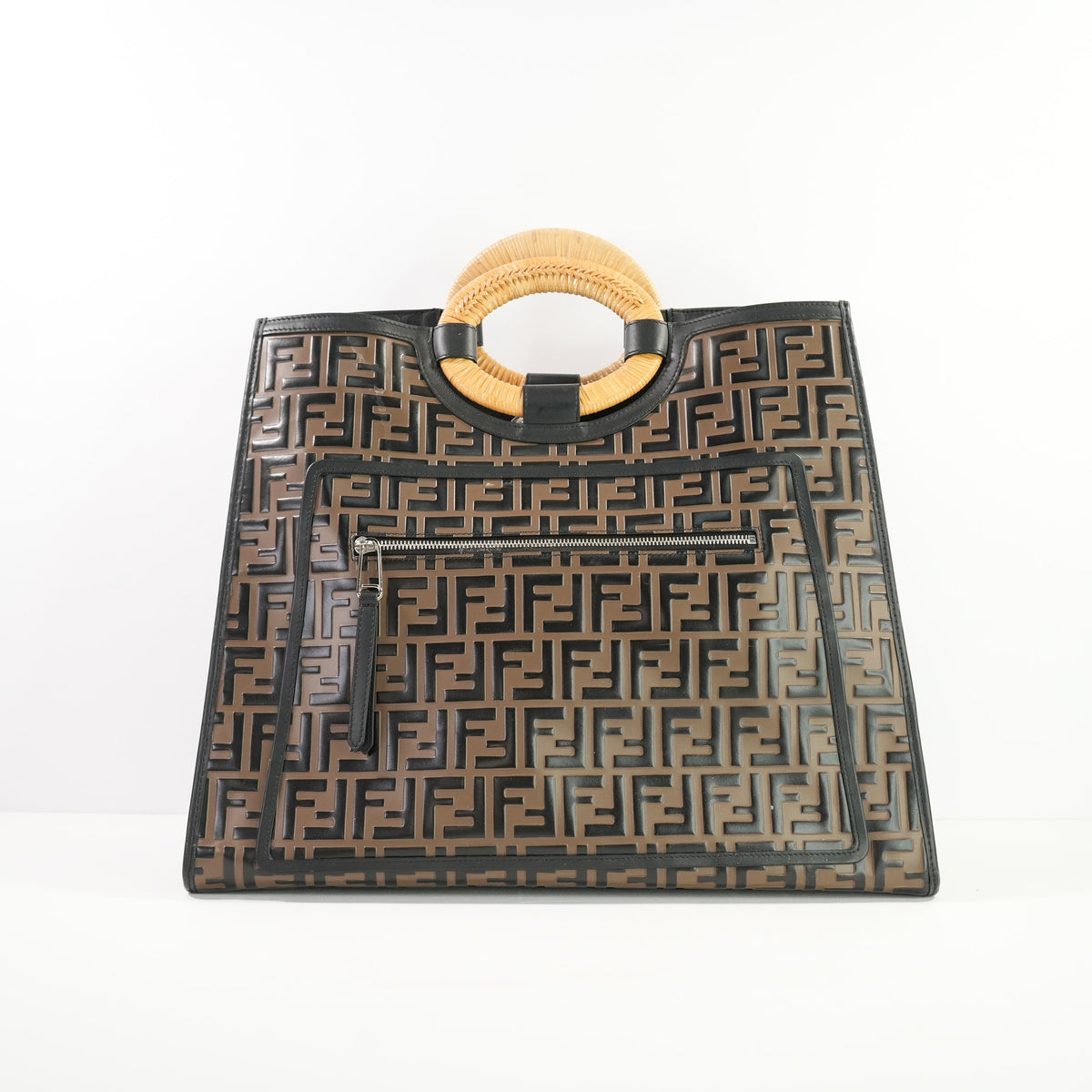 Fendi Runaway Shopper Tote in Embossed Zucca FF logo with a Wooden Handle
