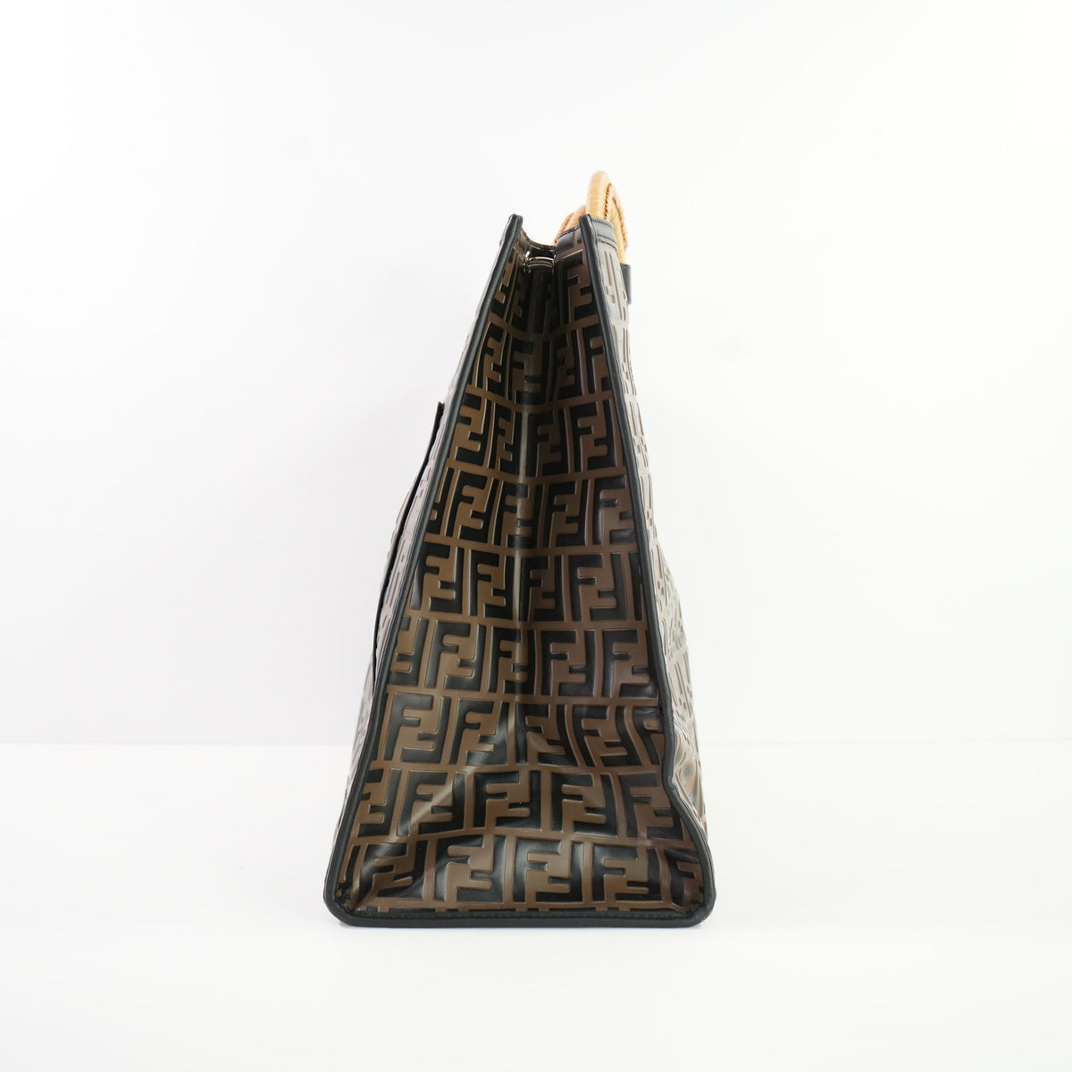 Fendi Runaway Shopper Tote in Embossed Zucca FF logo with a Wooden Handle