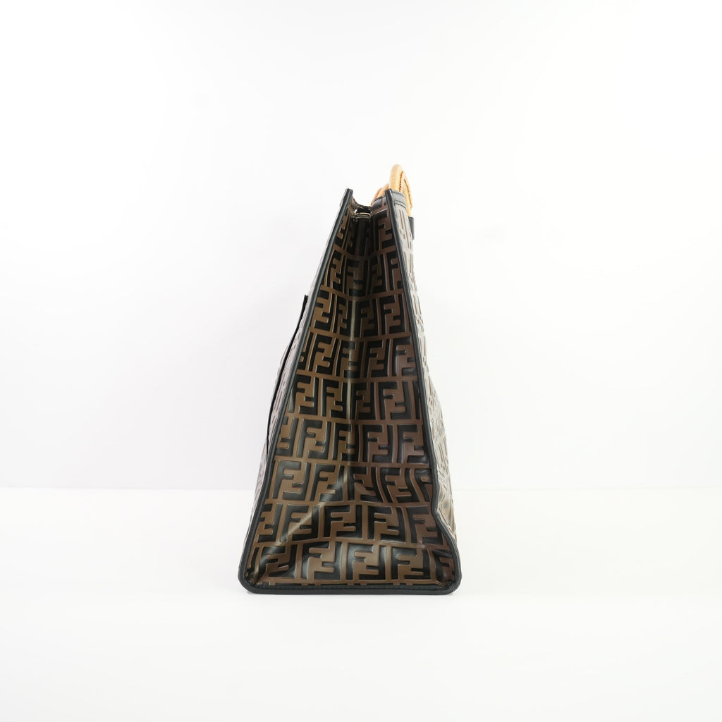 Fendi Runaway Shopper Tote in Embossed Zucca FF logo with a Wooden Handle