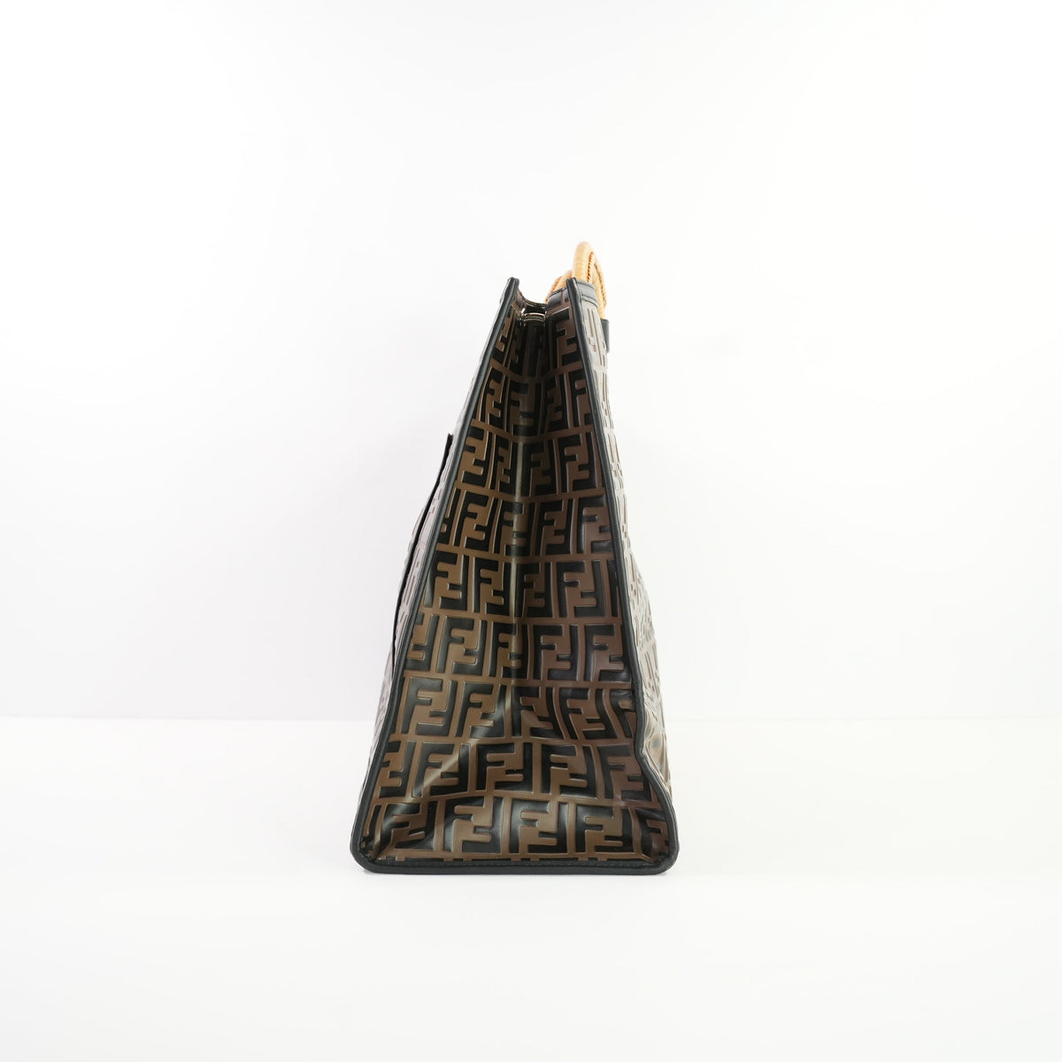 Fendi Runaway Shopper Tote in Embossed Zucca FF logo with a Wooden Handle