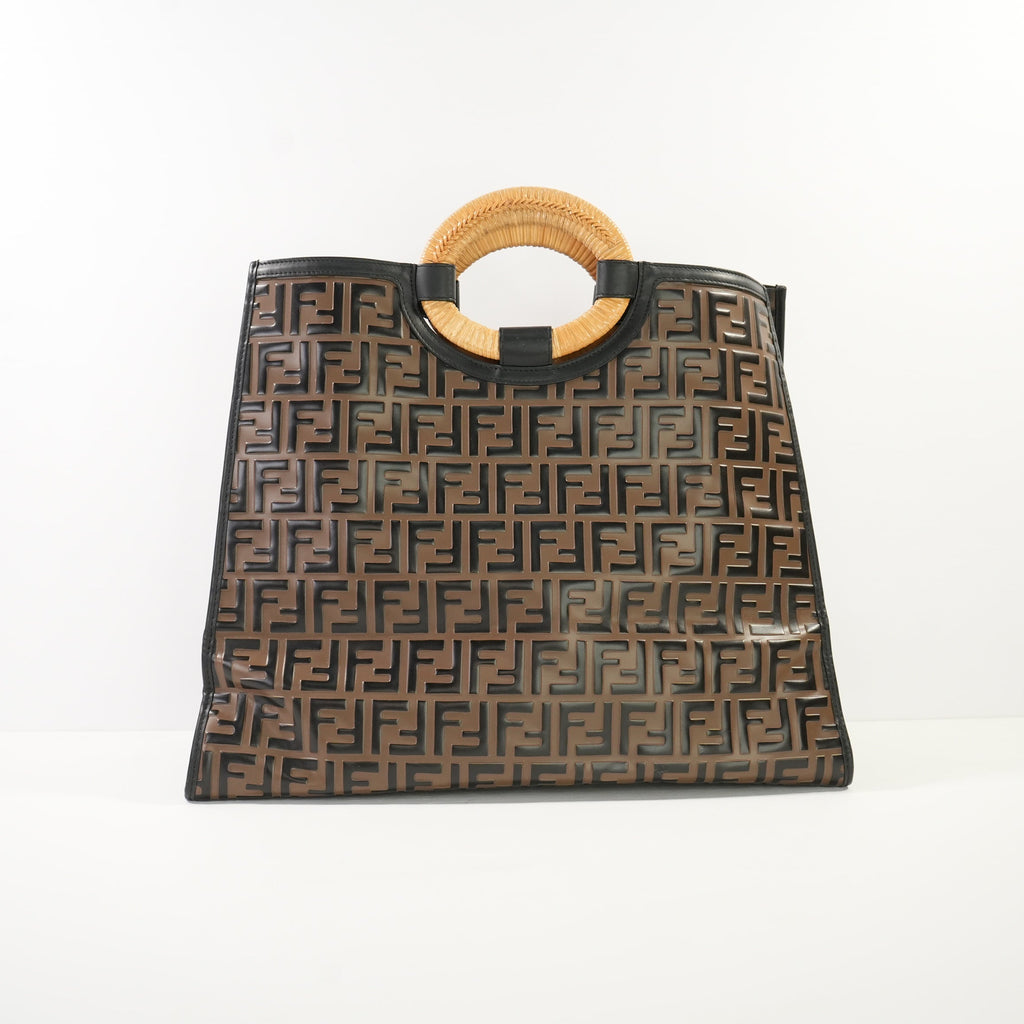 Fendi Runaway Shopper Tote in Embossed Zucca FF logo with a Wooden Handle