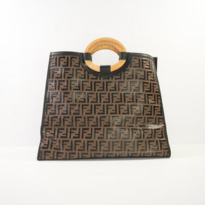 Fendi Runaway Shopper Tote in Embossed Zucca FF logo with a Wooden Handle