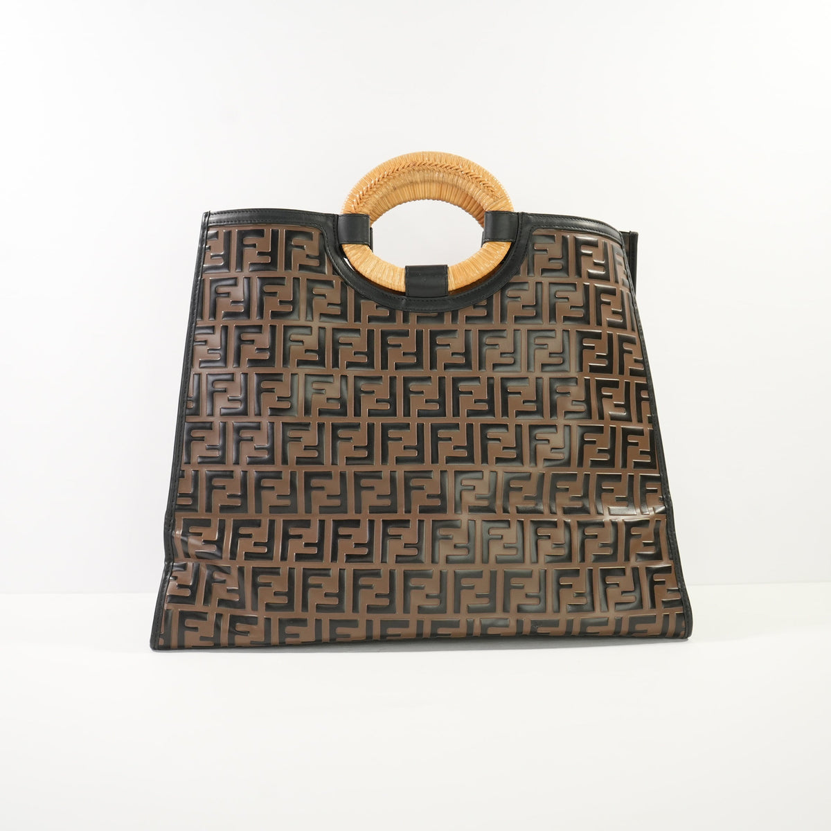 Fendi Runaway Shopper Tote in Embossed Zucca FF logo with a Wooden Handle