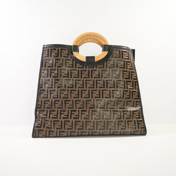 Fendi Runaway Shopper Tote in Embossed Zucca FF logo with a Wooden Handle