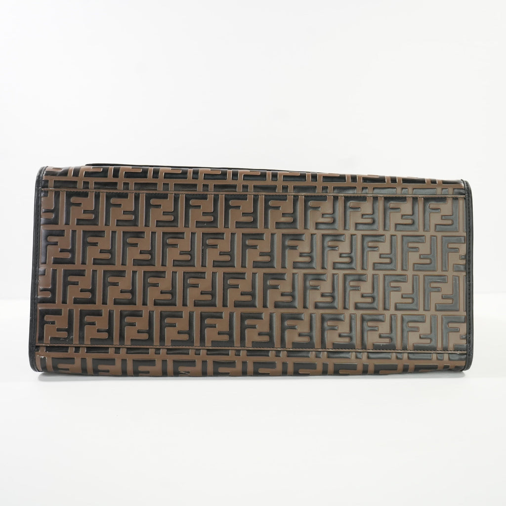 Fendi Runaway Shopper Tote in Embossed Zucca FF logo with a Wooden Handle
