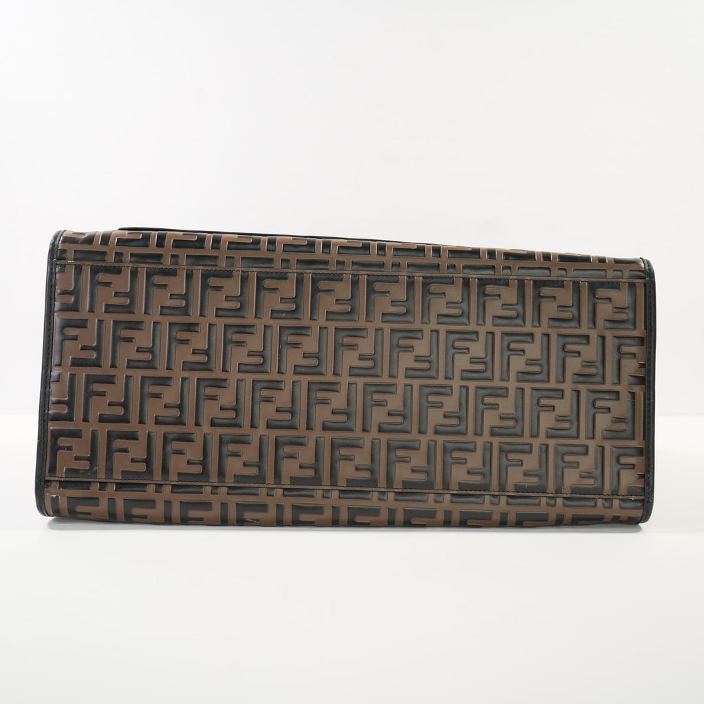 Fendi Runaway Shopper Tote in Embossed Zucca FF logo with a Wooden Handle