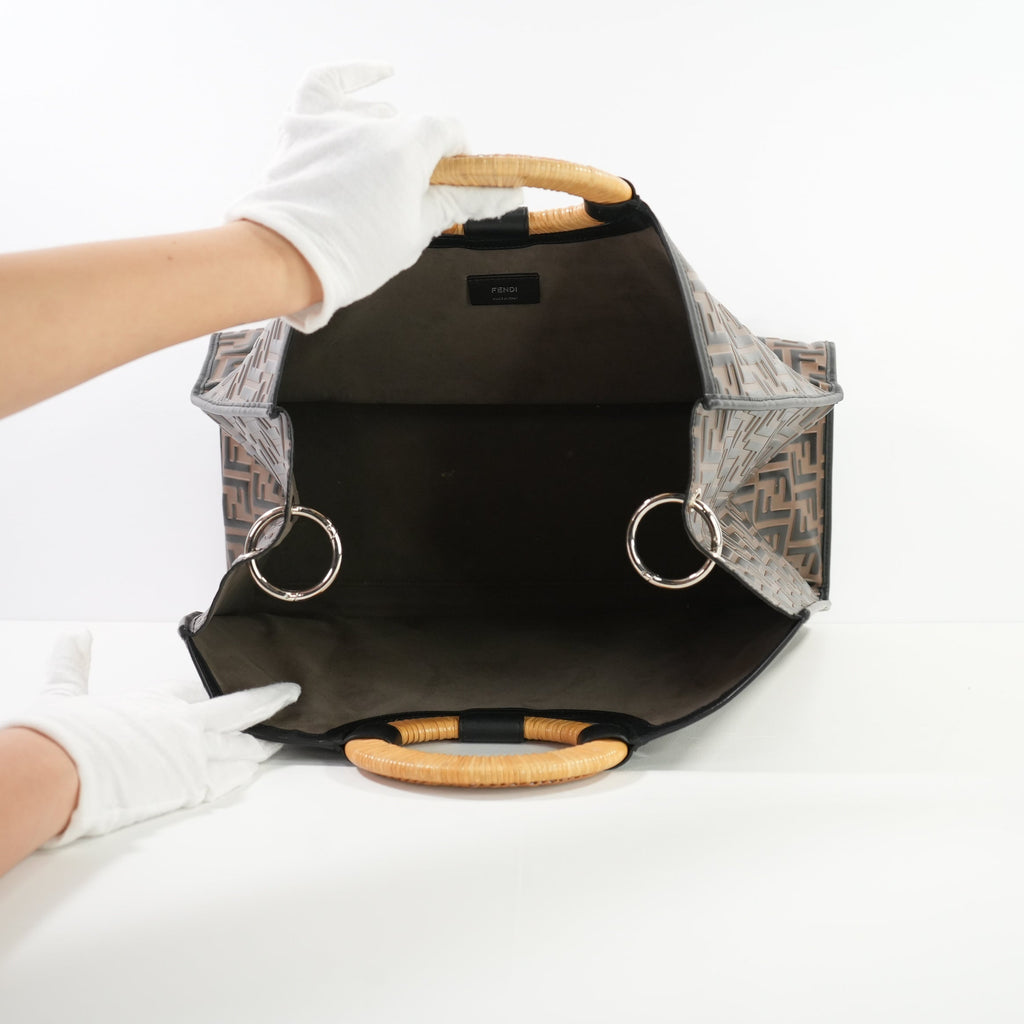 Fendi Runaway Shopper Tote in Embossed Zucca FF logo with a Wooden Handle