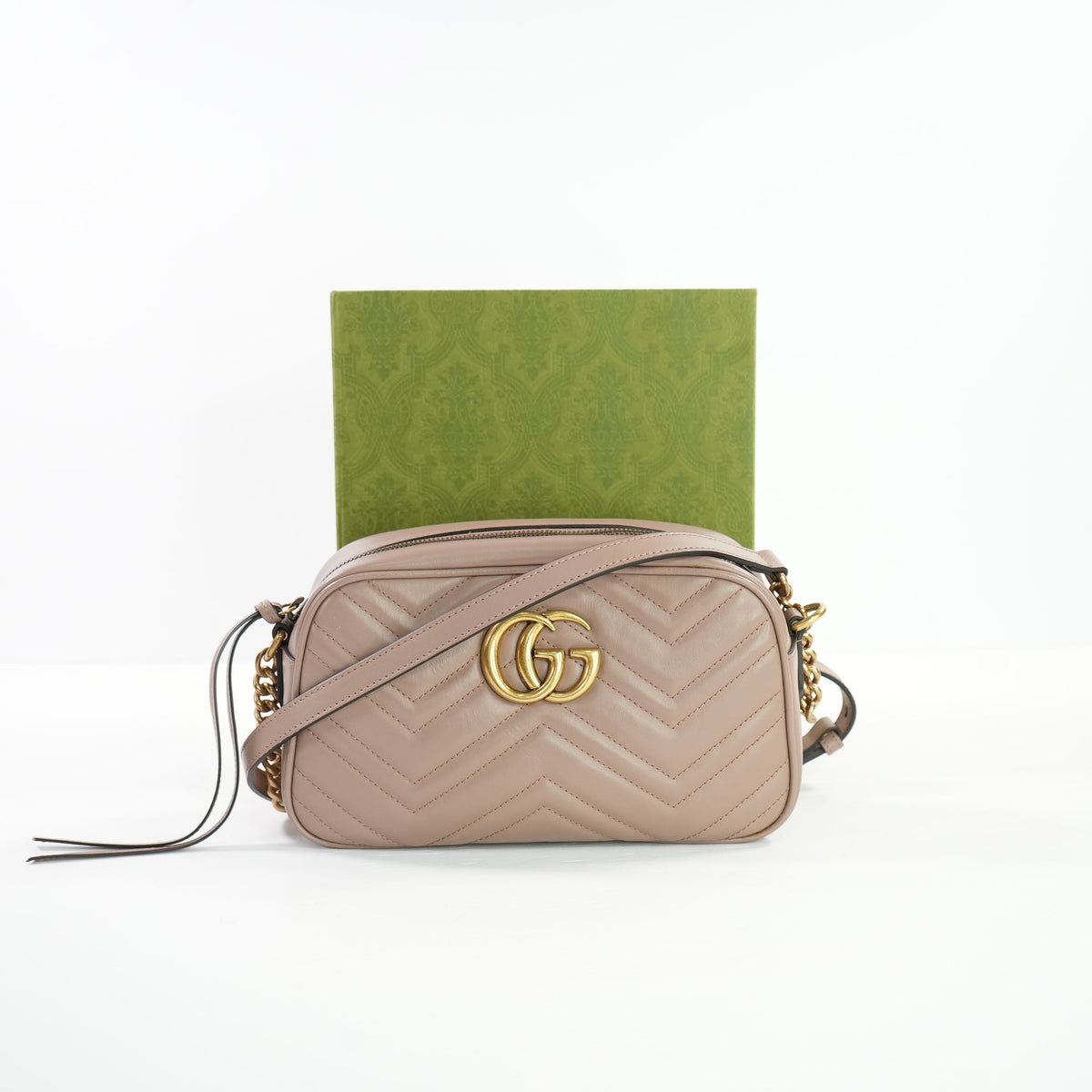 Gucci GG Marmont Pink Beige Matelasse SM Camera Bag Chevron Leather (Full Set)