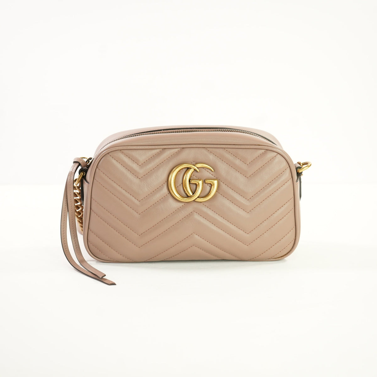Gucci GG Marmont Pink Beige Matelasse SM Camera Bag Chevron Leather (Full Set)
