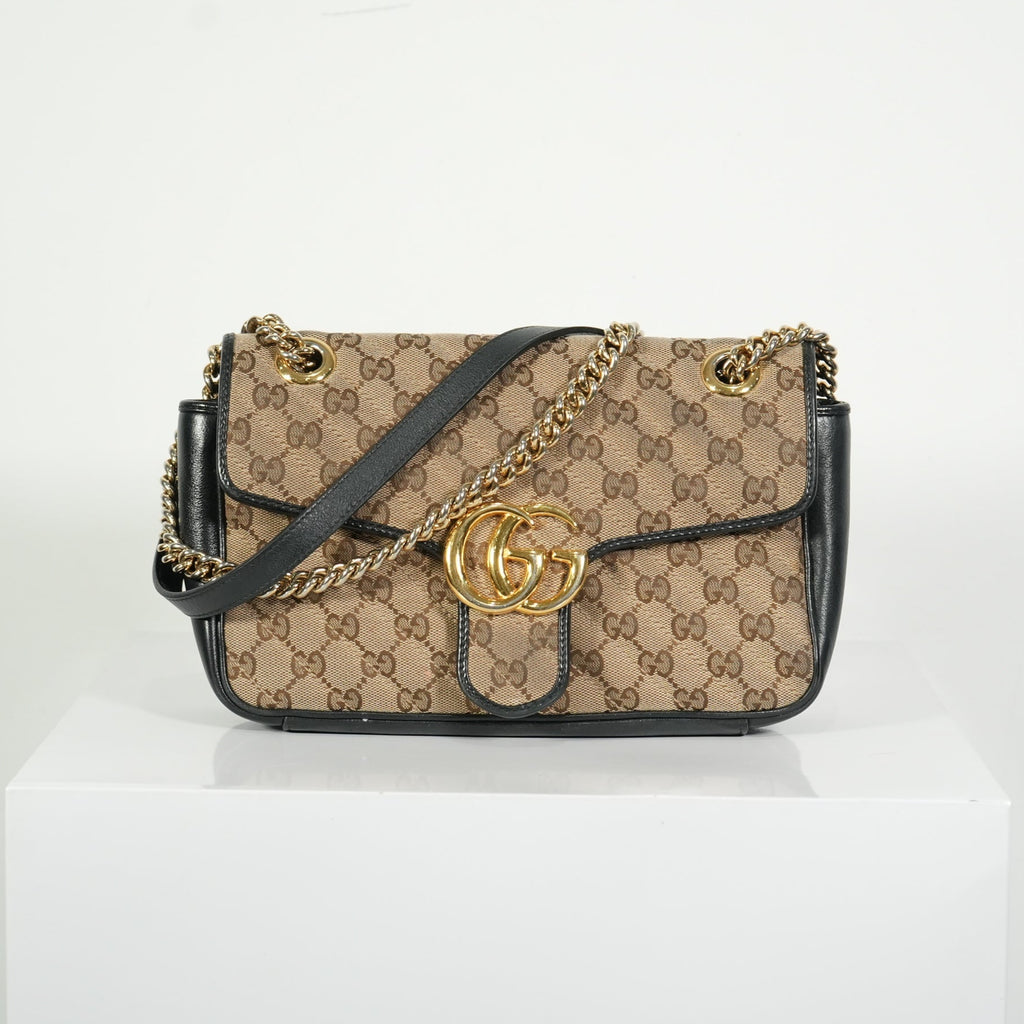 Gucci Brown Marmont Black Leather Canvas GG Bag