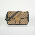 Gucci Brown Marmont Black Leather Canvas GG Bag