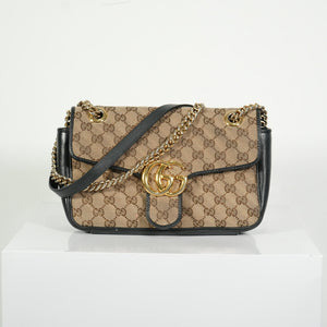 Gucci Brown Marmont Black Leather Canvas GG Bag
