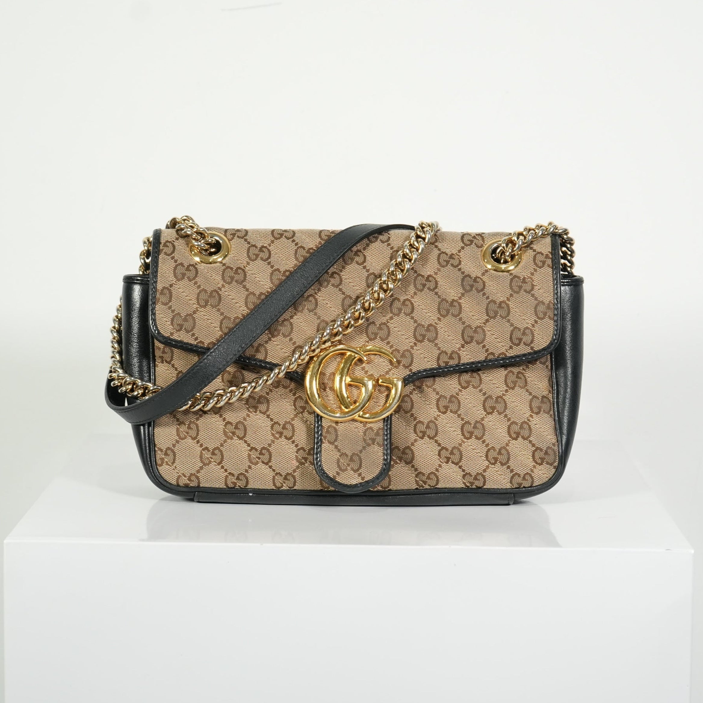 Gucci Brown Marmont Black Leather Canvas GG Bag