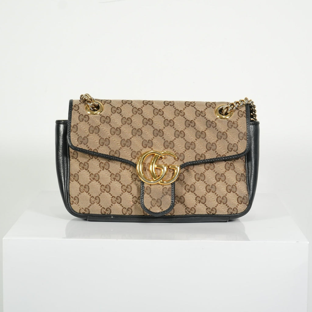 Gucci Brown Marmont Black Leather Canvas GG Bag