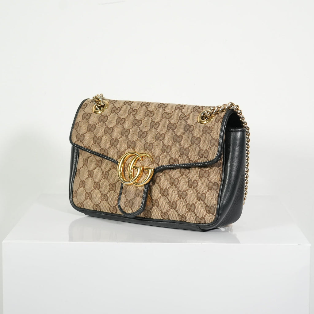 Gucci Brown Marmont Black Leather Canvas GG Bag