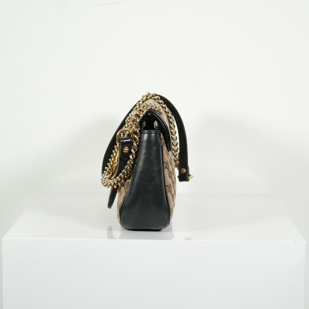 Gucci Brown Marmont Black Leather Canvas GG Bag