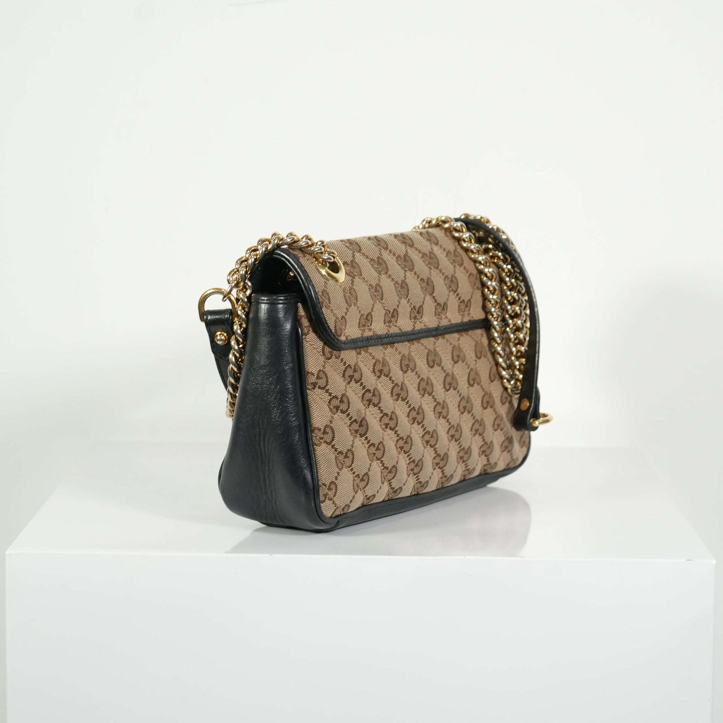 Gucci Brown Marmont Black Leather Canvas GG Bag