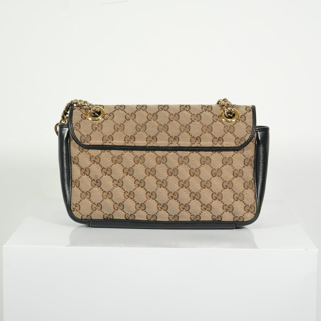 Gucci Brown Marmont Black Leather Canvas GG Bag
