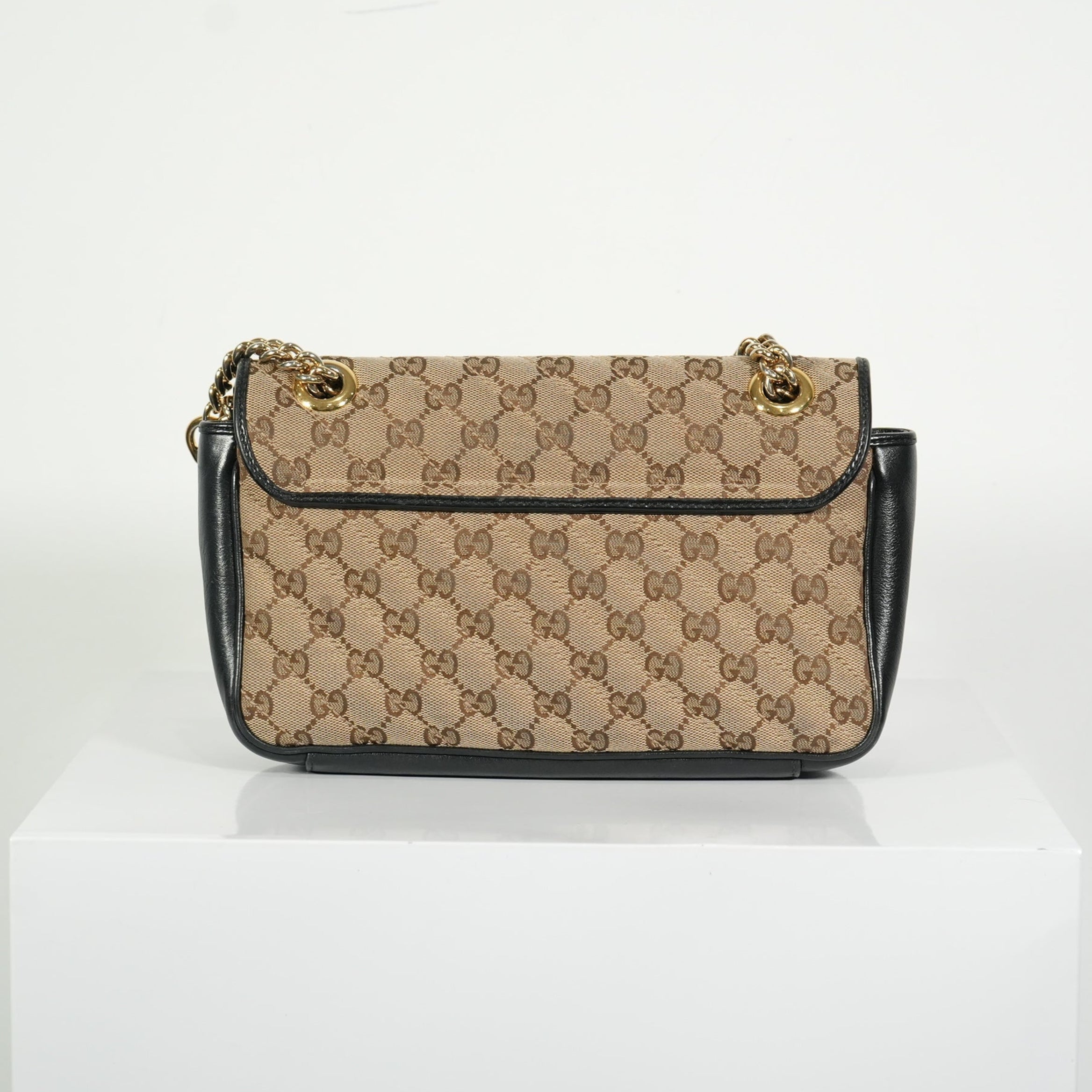 Gucci Brown Marmont Black Leather Canvas GG Bag